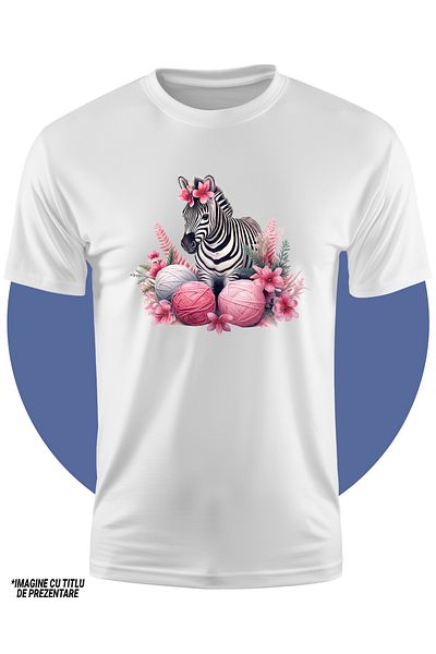 StoryGift Romania Children's T-shirt with a zebra, illustration, poppies, balls of thread, pink, white, plants, nature, a,STG4