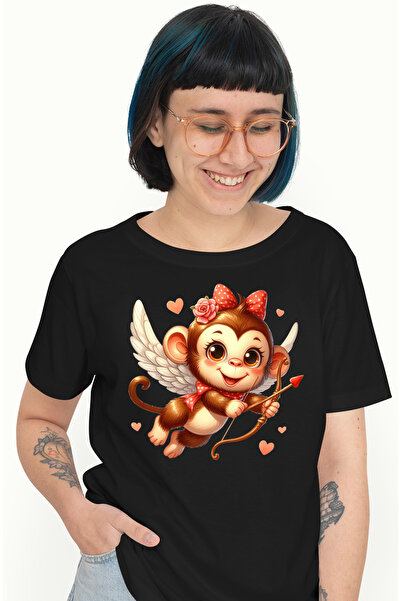 StoryGift Romania Tricou Femei Cu O Maimutica, Ilustratie, Cupidon, Trage Cu Arcul, Aripi, Indrago Blk_l