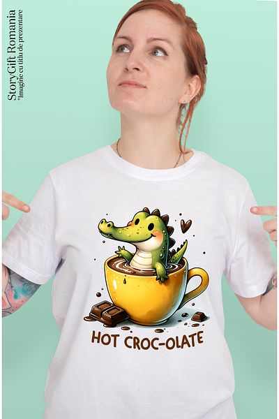 StoryGift Romania Women's T-shirt with a little crocodile bathing in a cup of hot chocolate WHT_L