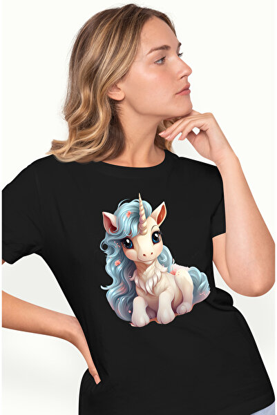 StoryGift Romania Tricou Femei Cu Un Unicorn Vesel, Ilustratie, Jucaus, Coama Lunga, Floricele, Pe Blk_l