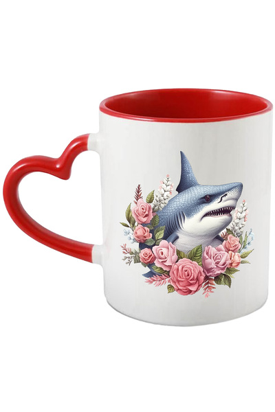 StoryGift Romania Cana Cu Un Rechin Furios | Ilustratie | Trandafiri | Flori | Plante | Frunze | N, Cu Maner Inim Stg