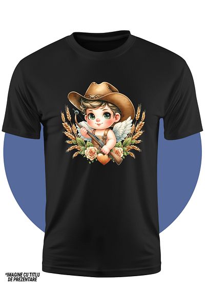 StoryGift Romania Tricou Copii Cu Un Bebelus Cu Aripi, Ilustratie, Palarie De Cowboy, Vestul Salbatic, Grau,
