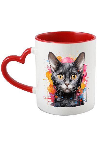 StoryGift Romania Cana Cu Pisica, Casti, Vopsea, Watercolor, Animal De Companie, Multicolor 330 Ml, Cu Maner Inim Stg