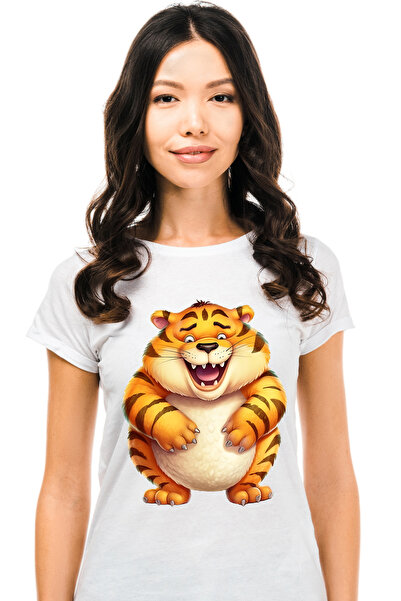 StoryGift Romania Tricou Femei Cu Un Tigru Gras Care Rade, Ilustratie, A Manc...