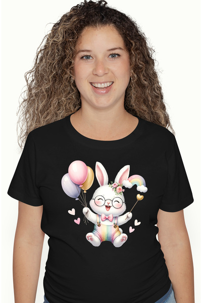 StoryGift Romania Tricou Femei Cu Un Iepuras Vesel Care Tine Niste Baloane, I...