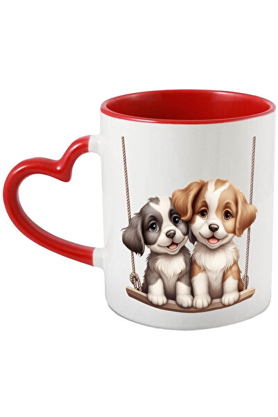 StoryGift Romania Cana Cu 2 Catelusi Care Se Dau In Leagan | Maro | Gri | Ilustratie | Amici | Joa, Cu Maner Inim Stg