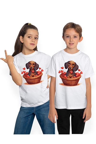 StoryGift Romania Tricou Copii Cu O Catelusa Care Sta Intr-un Cos, Ilustratie, Multe Inimioare, Pentru Iubit