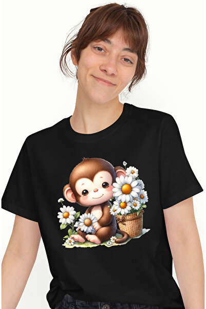 StoryGift Romania Tricou Femei Cu O Maimutica Vesela Care Tine O Floare, Flor...