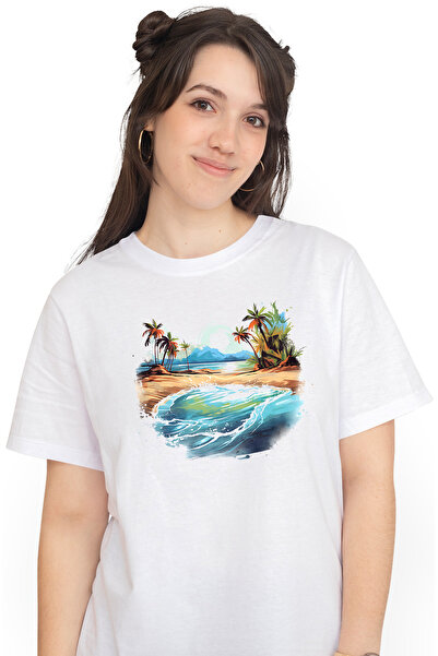 StoryGift Romania Tricou Femei Cu O Plaja, Peisaj, Mare, Apa, Ilustratie, Pal...