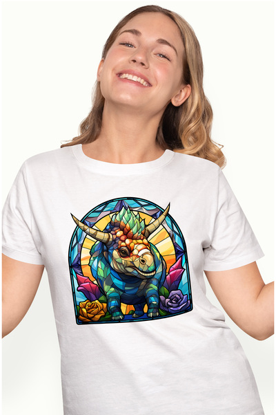 StoryGift Romania Tricou Femei Cu Un Dinozaur In Stil Mozaic, Ilustratie, Flori, Acum Mult Timp, S Wht_m