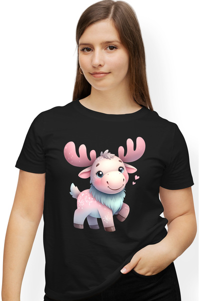 StoryGift Romania Tricou Femei Cu Un Ren Vesel, Coarne, Inimi, Fericire, Animal Salbatic, Natura, Blk_l