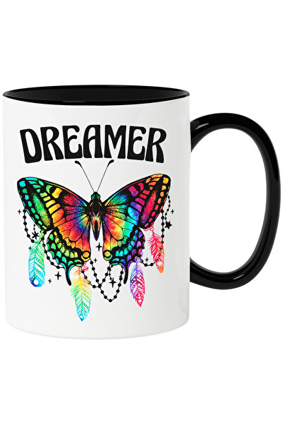 StoryGift Romania Cana Cu Fluture Divers Colorat Cu Mesajul "dreamer", Plasa De Vise, Insecta, Mul, Cu Maner Negru