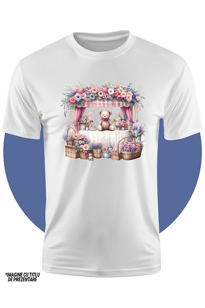 StoryGift Romania Tricou Copii Cu O Taraba Cu Numeroase Flori, Ilustratie, Plante, Ursulet De Plus, Mireasma