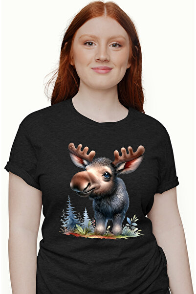 StoryGift Romania Tricou Femei Cu Un Elan In Padure, Ilustratie, Natura, Vegetatie, Coarne, Curioz Blk_m