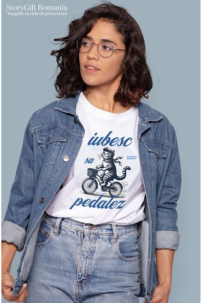 StoryGift Romania Tricou Femei Iubesc Sa Pedalez Pisica Motan Pe Bicicleta Cu Imprimeu Pe Fata, 10 Wht_l