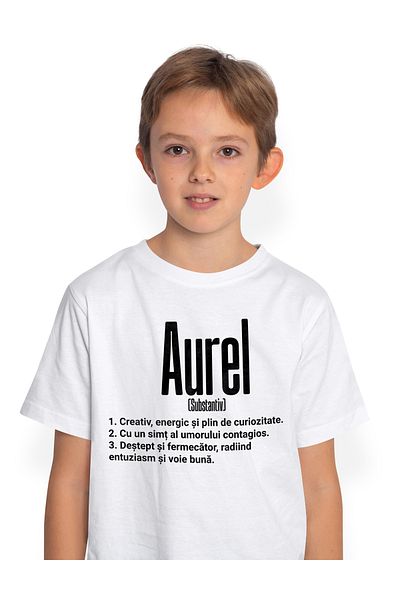 StoryGift Romania Tricou Copii Baieti Cu Numele Aurel, Cu Mesaj Motivational, Creativ, Energic, Curios, Dest