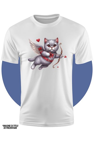 StoryGift Romania Tricou Copii Cu O Pisica Gri Cupidon Care Trage Cu Arcul, Indragostire, Inimioare, Valenti