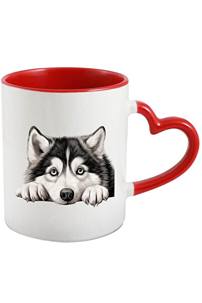 StoryGift Romania Cana Cu Un Caine Husky Putin Speriat | Ilustratie | Animal De Companie | Alb & N, Cu Maner Inim Stg