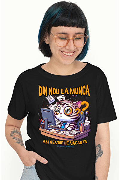 StoryGift Romania Tricou Femei Din Nou La Munca Pisica La Birou Work From Home Cu Imprimeu Pe Fata Blk_l
