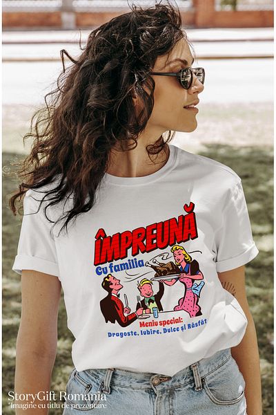 StoryGift Romania Tricou Femei Impreuna Cu Familia, Meniu Special Dragoste Cu Imprimeu Pe Fata, 1 Wht_l