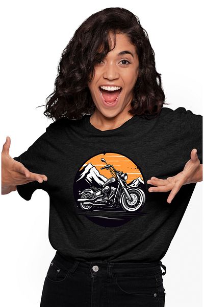 StoryGift Romania Women's T-shirt with a motorcycle, illustration, mountain, circle, orange, white, black, BLK_L, STG61896