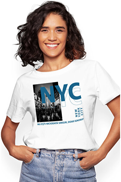 StoryGift Romania Tricou Femei Piata Times Square New York Text Nu Esti Niciodata Singur Doar Igno Wht_m