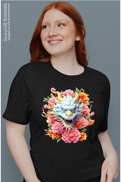 StoryGift Romania Tricou Femei cu un dragon chinezesc, ilustratie, floricele, roz, an nou, China, BLK_L