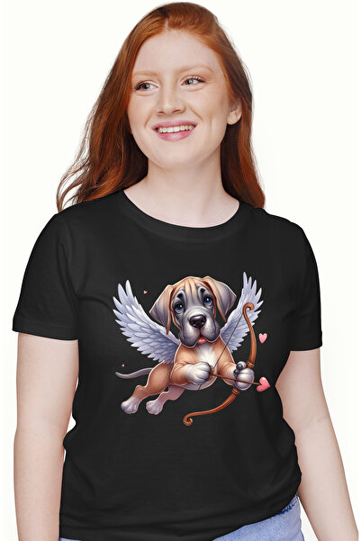 StoryGift Romania Tricou Femei Cu Un Caine Surprins Care Trage Cu Arcul, Ilustratie, Cupidon, Vale Blk_l