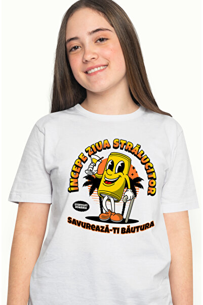 StoryGift Romania Tricou Femei Incepe Ziua Stralucitor Zavureaza-ti Bautura Cu Imprimeu Pe Fata, 1 Wht_l