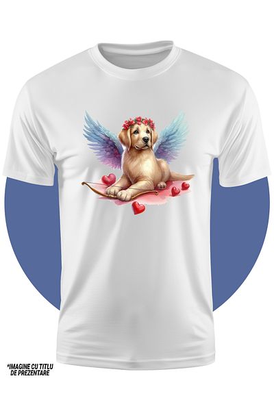 StoryGift Romania Tricou Copii Cu Un Catel Cupidon, Ilustratie, Coroana De Flori, Inimioare, Arc, Aripi, Val