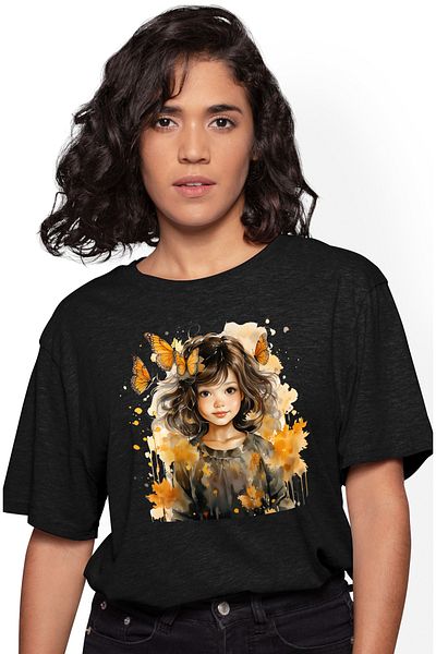 StoryGift Romania Women's T-shirt with a cute little girl, illustration, black hair, orange butterflies, BLK_L, STG57598
