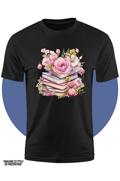 StoryGift Romania Tricou Copii Cu Un Teanc Cu Carti, Ilustratie, Flori, Roz, Lectura, Plante, Imaginatie, Ci