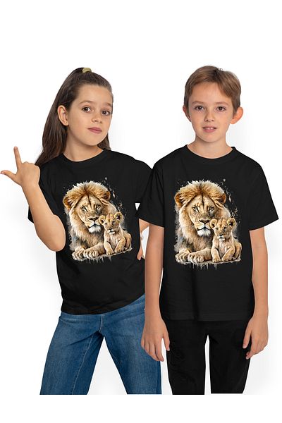 StoryGift Romania Tricou Copii Cu Un Leu Si Cu Puiul Sau, Ilustratie, Iubire Paterna, Grija, Protectie, Copi