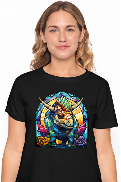 StoryGift Romania Tricou Femei Cu Un Dinozaur In Stil Mozaic, Ilustratie, Flori, Acum Mult Timp, S Blk_l