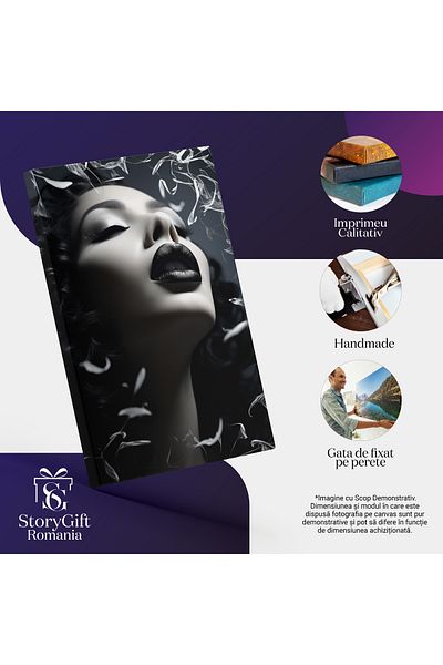 StoryGift Romania Tablou Canvas: Portret Feminin Alb Negru Retro Cu Par Buclat Buze Mari Si Gene Lungi Inconjura
