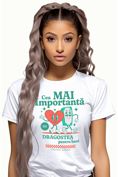 StoryGift Romania Tricou Femei Dragostea Pentru Bani Cea Mai Importanta Pereche Bancnota Si Inima Wht_l