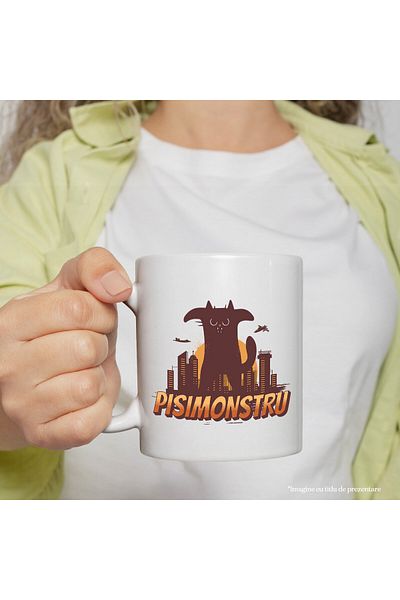 StoryGift Romania Cana Cu Pisica Imensa Neagra Text Pisimonstru. Animal Blanos Iubitorii De Motani, Cu Maner Alb Stg