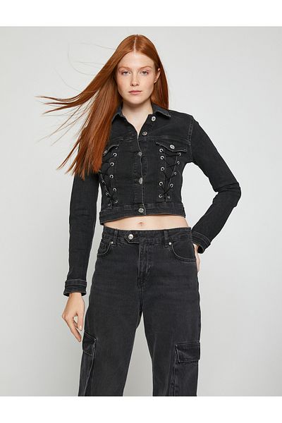 Koton Crop Denim Jacket with Eyelet Detail