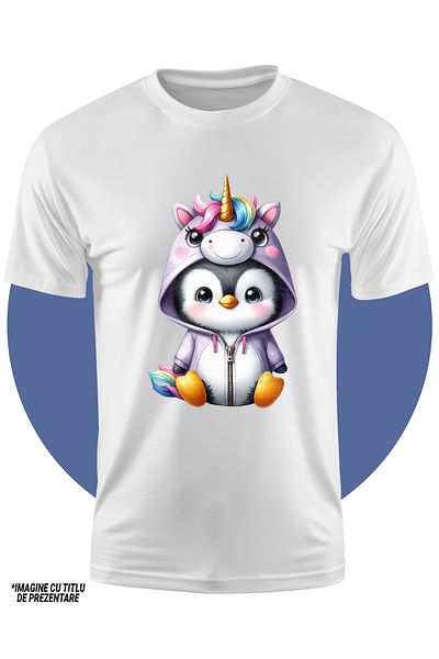 StoryGift Romania Tricou Copii Cu Un Pinguin Deghizat In Unicorn, Ilustratie, Jucaus, Vesel, Bucurie, Pentru