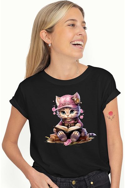 StoryGift Romania Tricou Femei Cu O Pisicuta Care Tine O Carte Deschisa, Studiaza, Sapca, Lectura, Blk_s