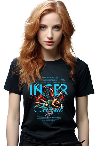 StoryGift Romania Tricou Femei Inger Cazut - Loialitate, Cu Imprimeu Pe Fata, 100% Bumbac, Negru, Blk_l