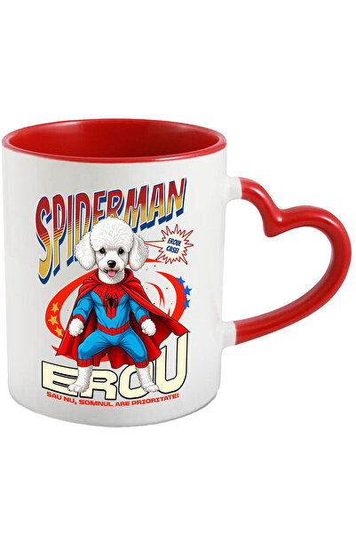 StoryGift Romania Cana Cu Pudel / Poodle Caine In Costum De Spiderman Cu Pelerina, Erou Nocturn, D, Cu Maner Inim Stg