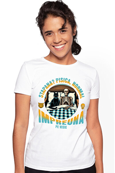 StoryGift Romania Tricou Femei Stapana Pisica Normal, Schelete Uman Impreuna Cu Imprimeu Pe Fata, Wht_m