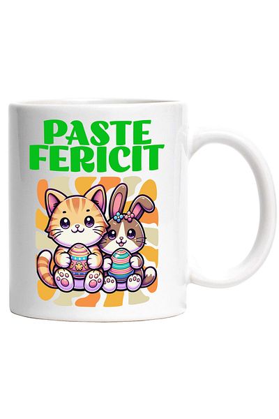 StoryGift Romania Cana Cu Pisica Portocalie Si Iepure Cu Oua Colorate Pascal Text Paste Fericit, C, Cu Maner Alb Stg