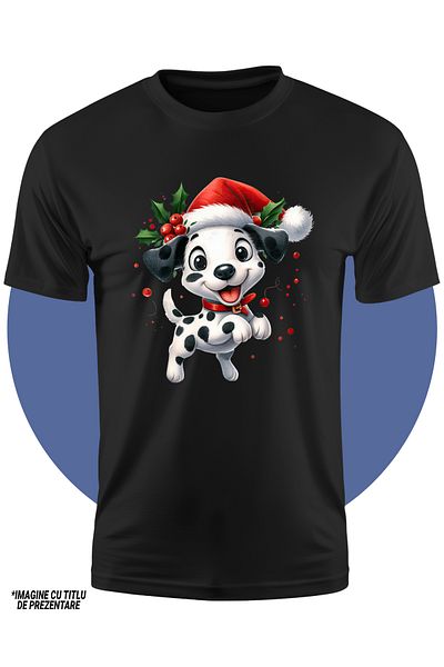 StoryGift Romania Tricou Copii Cu Un Catelus Dalmatian Fericit, Ilustratie, Caciula De Craciun, Sarbatoare,