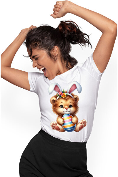 StoryGift Romania Tricou Femei Cu Un Pui De Leu Cu Urechi De Iepuras, Ilustratie, Sarbatori Pascal Wht_l