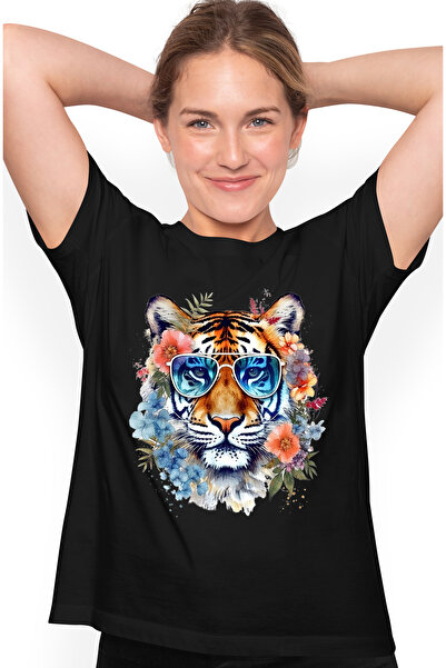 StoryGift Romania Tricou Femei cu un tigru cu ochelari, flori in jur, plante,...