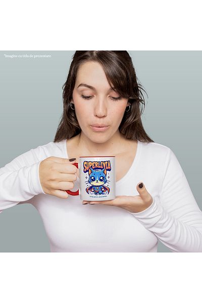 StoryGift Romania Super Livia Mug, Superhero, Flying Cat, 330ml, Ceramic with Red Handle, With R Handle, STG.