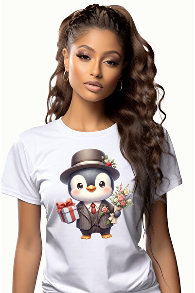 StoryGift Romania Tricou Femei Cu Un Pinguin Cu Un Buchet De Flori Si Un Cadou, Ilustratie, Palari Wht_l