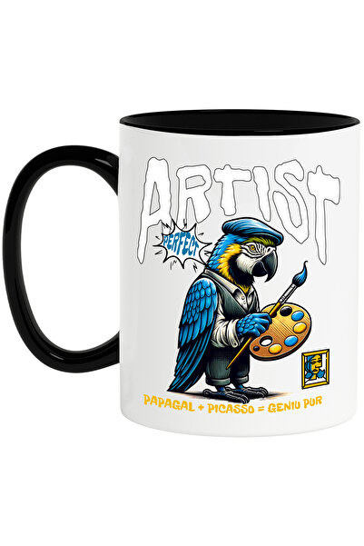 StoryGift Romania Cana Papagal Artist Pictor Geniu, Arta, Animal Vorbitor, 330ml, Ceramica Cu Mane, Cu Maner Negru Stg